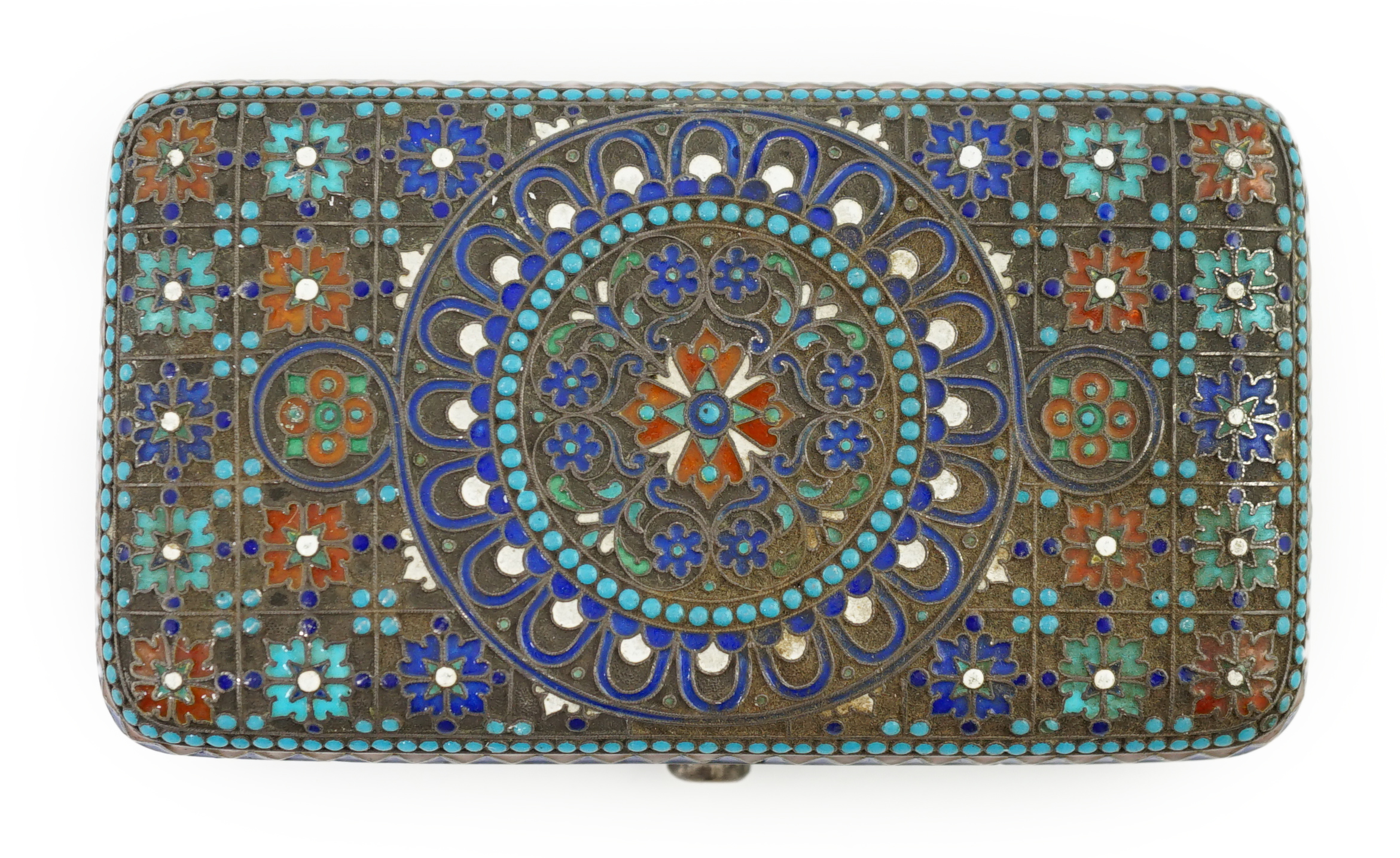 A 19th century Russian 84 zolotnik and cloisonné enamel cigarette case